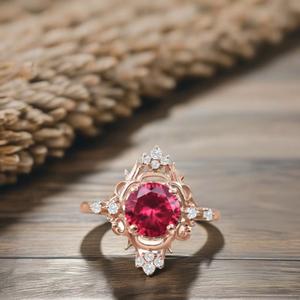 Round Cut Lab-Grown Ruby <b>Ring</b> in 10K Solid <b>Gold</b> Unique <b>Vintage</b> Engagement <b>Ring</b> with Metal Tone/Purity Change Options - Product Image 1