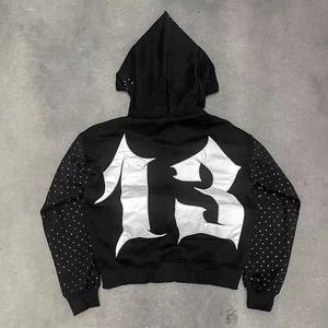 Sweat à capuche zippé noir 100% coton sur mesure avec logo personnalisé strass délavés à l'acide 450 GSM coupe surdimensionnée - Product Image 3