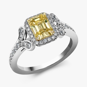 Anillo de bodas personalizado elegante amarillo Esmeralda corte laboratorio cultivado diamante Halo con acento Split Shank en anillo de oro blanco de 14K - Product Image 1