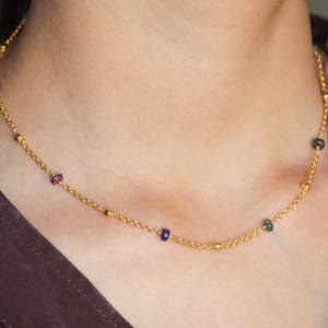 Ethiopian Opal Beads Necklace for Women in <b>Gold</b> <b>Filled</b> & Silver Link Chain Wire Wrap Black Fire Style Fashionable Beaded <b>Jewelry</b> - Product Image 2