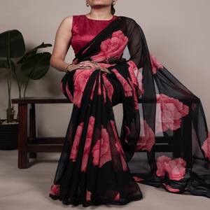 VASTRA COTTAGE Elegant Chiffon Floral Print Saree with Lace Border and Unstitched Banglory <b>Blouse</b> Piece - Product Image 6