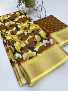 Tissu en lin à imprimé Floral numérique, tenue quotidienne, bordure dorée tissée, belle tenue décontractée, traditionnelle - Product Image 4