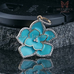 Solid 14k Gold Flower Pendant Enamel <b>Jewelry</b> Pave Diamond Gold Pendant <b>Handmade</b> <b>Jewelry</b> - Product Image 3