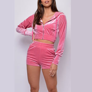 เซ็ตกำมะหยี่2ชิ้นเสื้อฮู้ดกำมะหยี่ผู้หญิงชุดเล่นกีฬามีฮู้ดแบบลำลองเนื้อผ้าถักและซิปด้านหน้าออกแบบได้ตามต้องการ - Product Image 5