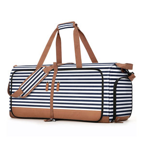 Sac de Sport <b>Striped</b> Duffel Bag – Navy <b>Blue</b> & <b>White</b> with Brown Accents, Stylish Sports & Travel Bag - Product Image 1