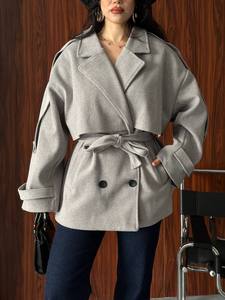 Manteau Trench Décontracté Gris Élégant à Double Boutonnage avec Ceinture, Manches Longues, Col Chemise, en Polyester/Coton, Coupe-Vent, Idéal pour l'Automne - Product Image 3