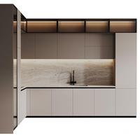 Armoires de cuisine KEJIA de luxe sans poignées, gris mat, avec unités murales en verre cannelé pour appartement moderne