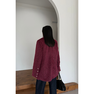 เสื้อแจ็คเก็ตลายอัลปาก้าทรงบอยเฟรนด์สำหรับผู้หญิง สีบอร์โดซ์ - Product Image 1