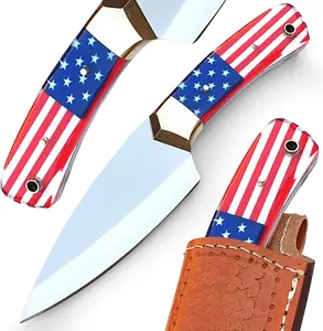 Handmade D2 steel mirror polish skinner knife with American flag handle and fine leather sheath butcher knife Camping knife