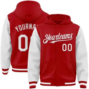 OEM Fabrication Personnalisée Veste à Capuche Deux Tons Bomber Blanc Rouge Full-Snap Varsity Letterman Imprimé Techniques Brodées - Product Image 1