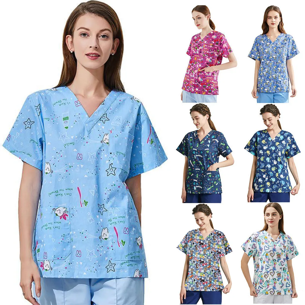 Imprimé infirmière gommage hauts vétérinaire médical gommages uniforme pour les femmes Dentisit col en v EDS vétérinaire vêtements de travail manteau d'allaitement