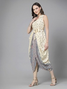 Women's Readymade Ethnic Motifs Printed Dhoti Styled <b>Dress</b> Shirt Collar Sleeveless Designer Indo Western A-Line Silhouette - Product Image 4