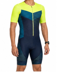 Traje de Triatlón Personalizado para Hombre, Manga Corta, Amarillo Neón con Patrón Azul, Transpirable, Ajuste Aerodinámico, Ropa de Ciclismo Reversible y Ecológica - Product Image 2