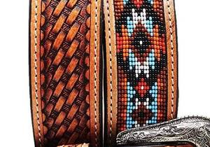 Antique Western Fashion <b>Genuine</b> <b>Leather</b> <b>Belt</b> Custom Length Full-Grain Beaded Tooled Basket Weave Design with Alloy for Buckle - Product Image 5