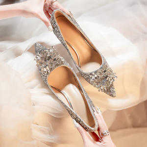 <b>Champagne</b> Crystal Bridal High <b>Heels</b>, Comfortable Rhinestone Two-way Wedding Shoes for Xiuhe Dress - Product Image 2