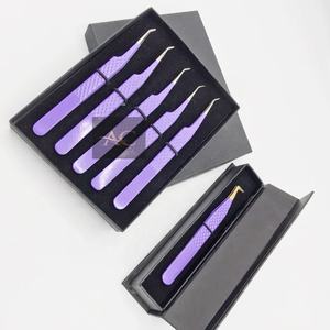 Pinzas de extensión de pestañas de acero inoxidable sostenible de alta calidad, Punta plateada de 45 grados, fibra de agarre de diamante púrpura dorado puntiagudo - Product Image 6