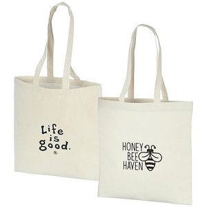 Bolsa de tela Life Is Good de algodón natural de tamaño mediano, ecológica, reciclable, con asa larga, para uso diario, con impresión personalizada por transferencia térmica y serigrafía. - Product Image 1