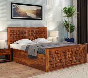 Cama de madera con estructura de madera clara contemporánea y cabecero de listones verticales, disponible a precios de mayorista. - Product Image 2