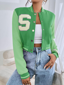 Manteau de couleur contrastée laine pour femme bouton complet varsity unisexe recadrée polaire Letterman Bomber Baseball Varsity Jacket - Product Image 6