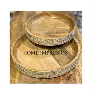 Round Shape Handmade Platter <b>Wood</b> Tray <b>Set</b> Of 2 Customized Solid <b>Wood</b> Serving Tray for Home and Restaurant Usage In Low Price - Product Image 6