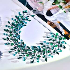 Bridella BHP799 Green <b>Pearl</b> <b>Headband</b> with Rhinestone Flowers-Comfortable and Secure Fit for Weddings Proms & Formal Events - Product Image 1