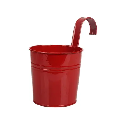 Metal Sheet Hanging Planter With Red Powder Coating Finishing Round Shape High Quality With Handle For Garden Decoration