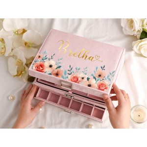 Trending Modern Luxury Square Velvet Jewellery Box with Flower Custom Name Large <b>Organizer</b> & <b>Drawer</b> Portable Display Box - Product Image 5
