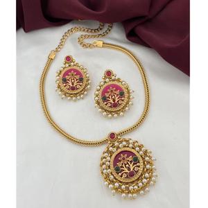 Ensemble collier et boucles d'oreilles élégants en laiton plaqué or, style temple traditionnel, pour femmes, bijoux ethniques classiques pour mariage - Product Image 1