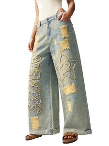 Pantalones Vaqueros cintura alta y personalizados de pierna ancha para mujer, pantalones vaqueros acampanados de moda para mujer, dobladillo crudo, remaches decorados transpirables - Product Image 2