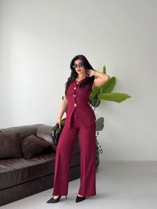 Ensemble de costume sans manches pour femme, couleur bordeaux, boutons sur le devant, pantalon élégant, tenue d'automne, coupe classique, tissu satiné - Product Image 4