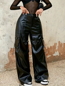 Pantalones de Cuero Personalizados para Mujer, de Cintura Alta con Bolsillos, Cordones, Estilo Urbano, Moderno, Casual - Product Image 6