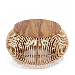 Table basse ronde en rotin naturel artisanal avec plateau en bois - Design unique en cage tressée - Product Image 1