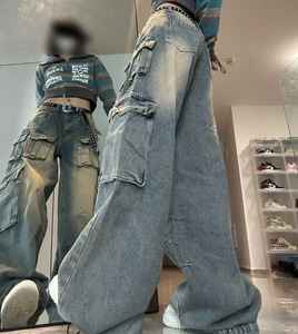 Oversized Cargo Women's <b>Jeans</b> Low <b>Waist</b> Loose Fit Custom Multi-Pocket Baggy Streetwear Breathable Button Decoration <b>for</b> Summer - Product Image 3