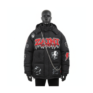 Winter Puffer <b>Jacket</b> Heavy Polyester Fabric Black Camouflage Patch Custom Embroidery Printing Logo Puffer <b>Jacket</b> for <b>man</b> - Product Image 1