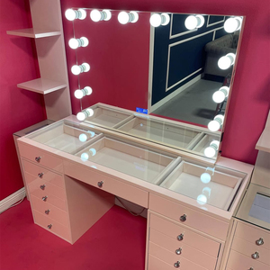 Hot bán cô gái hồng Vanity bảng với thiết kế đèn LED và bàn kính Top bàn trang điểm - Product Image 2