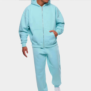 Men's Light Blue Hooded Stand Collar Tracksuit Full <b>Zip</b> Sweatshirt Pants Set Casual Solid Color Cotton Jogging Wear Winter - Product Image 1