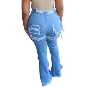 กางเกงยีนส์ขาดๆสำหรับผู้หญิงกางเกงยีนส์ขาดๆปลายบาน - Product Image 3