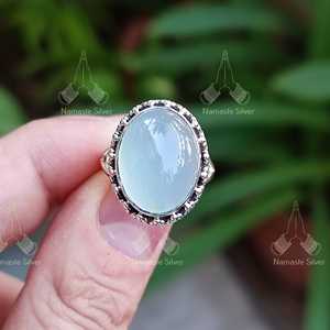 Natural Blue Chalcedony <b>Ring</b> Handmade <b>Statement</b> Jewelry with 18K Plating Elegant Inlay Setting Perfect Gift for Her - Product Image 1