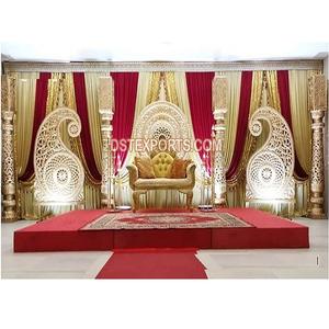 Décoration de scène de mariage traditionnelle de style ouvert, décoration de scène de réception de mariage indien, décoration de scène de mariage tamoul, look doré, StageUSA - Product Image 1