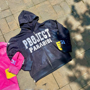 High Quality Custom Breathable Acid Wash Rhinestone Zip-Up Hoodie And Sweatpants Streetwear Heavyweight Oversized Tracksuit - Product Image 5
