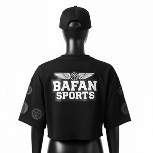 Crop top femme en coton élasthanne GSM premium, tissu extensible doux, couleur noire, impression sérigraphique, logo personnalisé. - Product Image 3