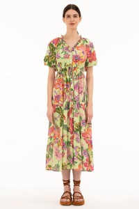 Vestido Maxi Estampado Floral para Mujer, Vestido Holgado de Gasa para Verano, Cuello en V, Manga Abullonada, Transpirable, Informal, para Ocio al Aire Libre - Product Image 4