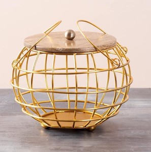 Round metal fruit <b>basket</b> with wooden lid and strong handle design perfect for kitchen storage and dining <b>table</b> use with finished - Product Image 1