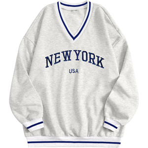 Sweat-shirt surdimensionné à col en V pour femmes pull décontracté à coupe ample avec poignets rayés et ourlet en mélange de coton doux Streetwear Fashion - Product Image 6