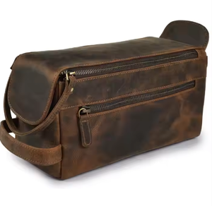 Kit Dopp de cuero de grano completo estilo Vintage para hombre hecho a mano, neceser con cremalleras dobles, Asa de viaje, cadenas resistentes al agua - Product Image 3