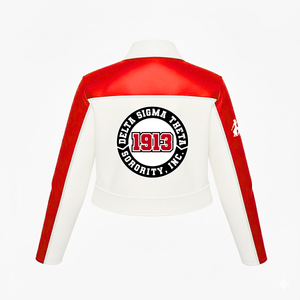 Veste en cuir PU Delta Sigma Theta prête à être expédiée, de haute qualité, coupe ajustée, silhouette courte, veste de course - Product Image 4