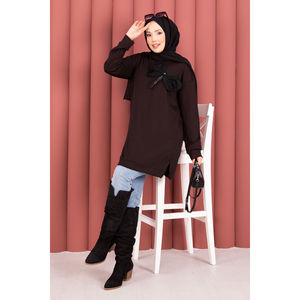 Túnica Hijab Marrón Oysho con Detalle de Lazo y Adornos de Piedras, Blusa de Chifón Estampada, Modesta, Formal, Casual, Blusa de Algodón con Bordado para Verano - Product Image 1
