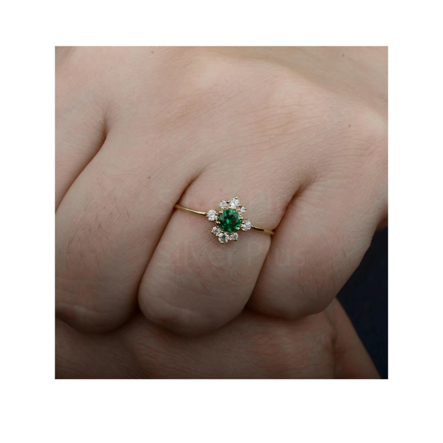 Genuine Round Emerald Gemstone Diamond Engagement Ring Solid 14K Yellow Gold Handmade Wholesale Jewelry Supplier