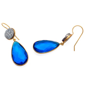 Elegante chapado en oro sólido 925 plata esterlina joyería fina Topacio Azul Natural y piedras preciosas Druzy forma de pera pendientes colgantes bodas - Product Image 1