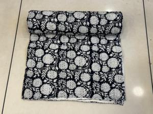 Bohemian Luxury Hand Block Print Kantha <b>Quilt</b> Black White Cotton Blanket Unique Design Gudari Kantha <b>Bedspread</b> <b>Sizes</b> <b>King</b> Queen - Product Image 3
